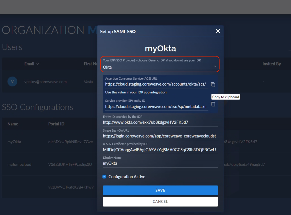 Screenshot of the SSO configuration modal, set up for Okta